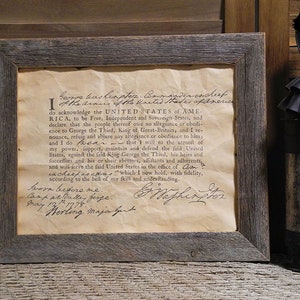 George Washington Oath of Allegiance Colonial America Aged Document Frame not included AR37