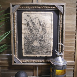 Kraken Pirate Ship Print Aged Document Frame not included