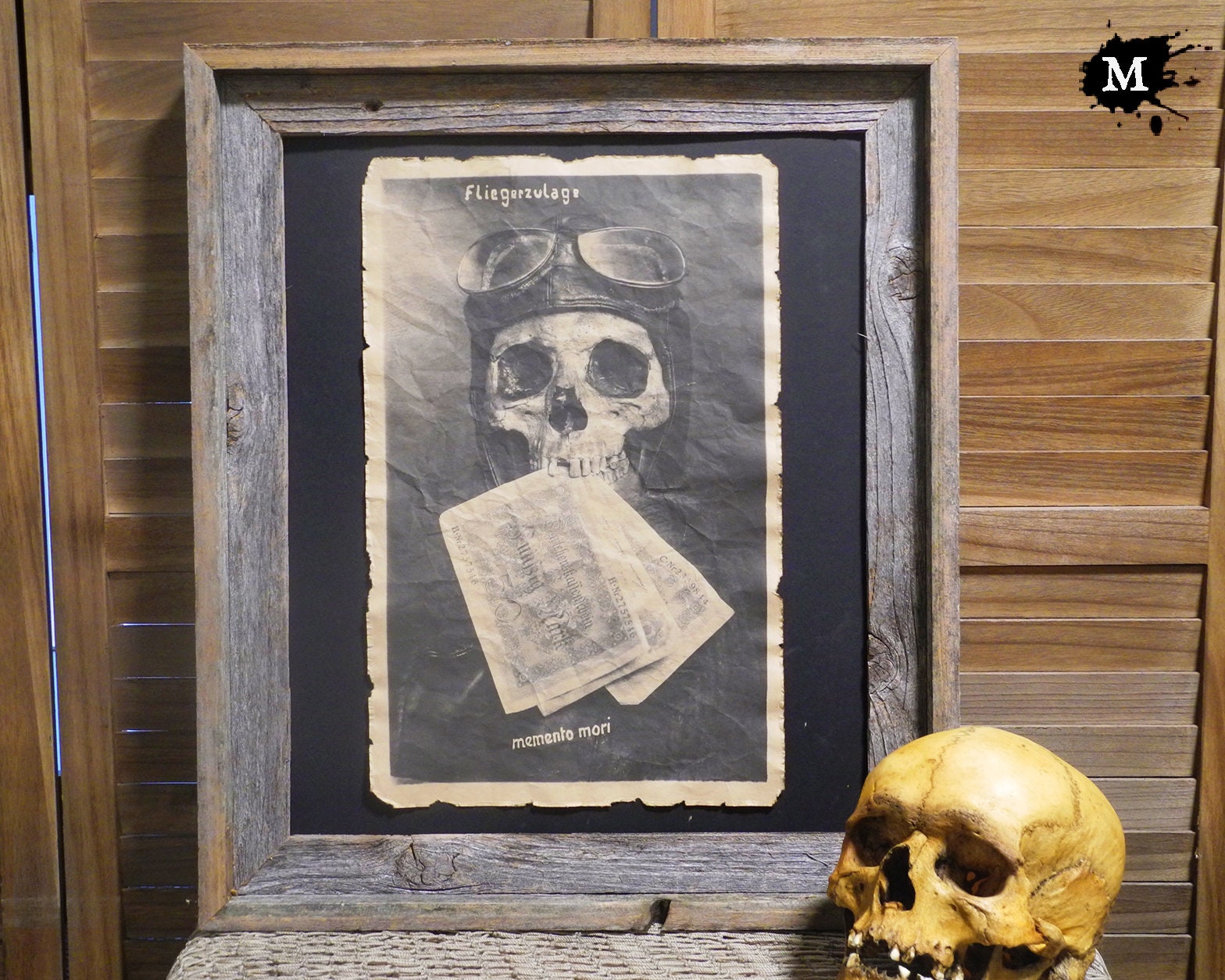 WW1 Aviator Memento Mori Card Skull Print Aged Document Frame Not