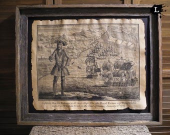 Bartholomew Roberts Pirate Print Black Bart Royal Fortune Aged Document Frame not included