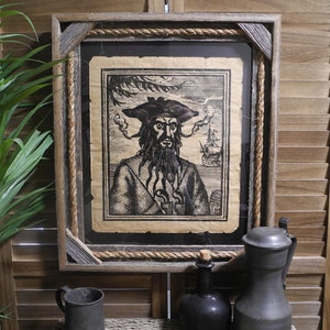 Smaller Blackbeard Edward Teach Wood Cut Print Aged Document Frame not included