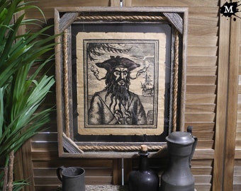 Smaller Blackbeard Edward Teach Wood Cut Print Aged Document Frame not included