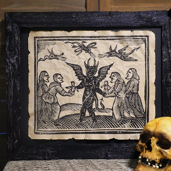 Witchcraft Devil worship wood cut Aged Document Frame not included Witchcraft