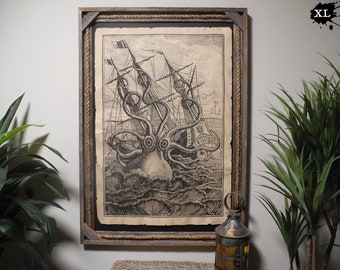 Large Size Kraken Pirate Ship Print Aged Document Frame not included