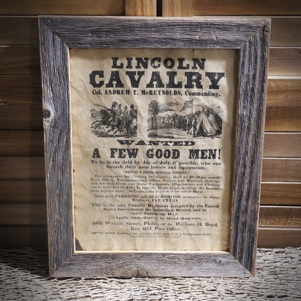 Lincoln Cavalry US Civil War Era Aged Document Frame not included