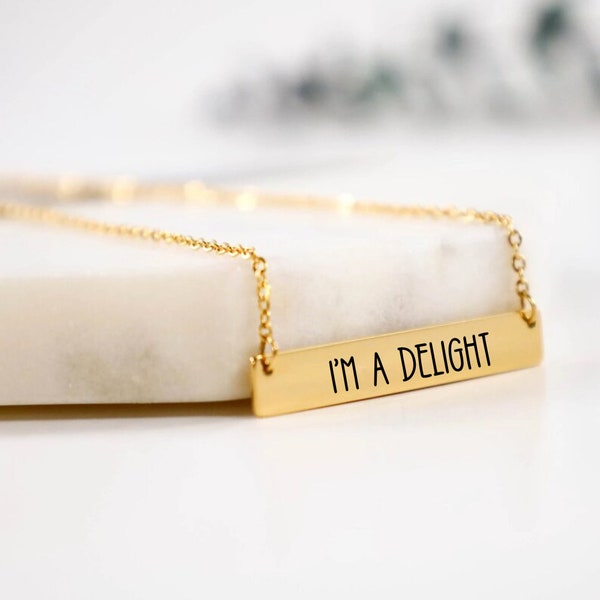 I'm a delight horizontal bar necklace, Funny gift,  I'm a Delight, Sarcastic jewelry, Funny Unisex gift, dry humor, attitude necklace