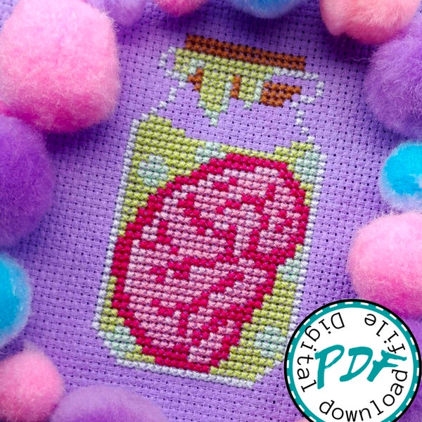 Brain specimen jar cross stitch pattern. alphabet challenge. creepy pink and green chart for beginners. digital download pdf file only