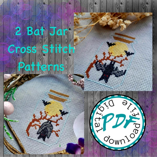bat jars cross stitch pattern bundle. 2 simple beginner friendly charts. goth alternative full moon bats. digital download pdf files only