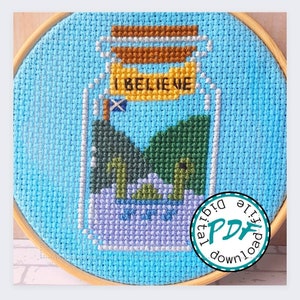 loch ness monster jar cross stitch pattern. Scottish Nessie cross stitch chart. Scotland I believe. PDF digit download file only