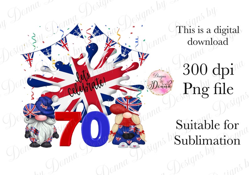 Queens 70th Jubilee Celebration, Street party gnomes, Sublimation design, digital download, waterslide, PNG file, clipart 