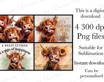 Funny highland Cow faces, sublimation design, kitchen, sublimation cutting, chopping board, placemat, digital png file, instant download