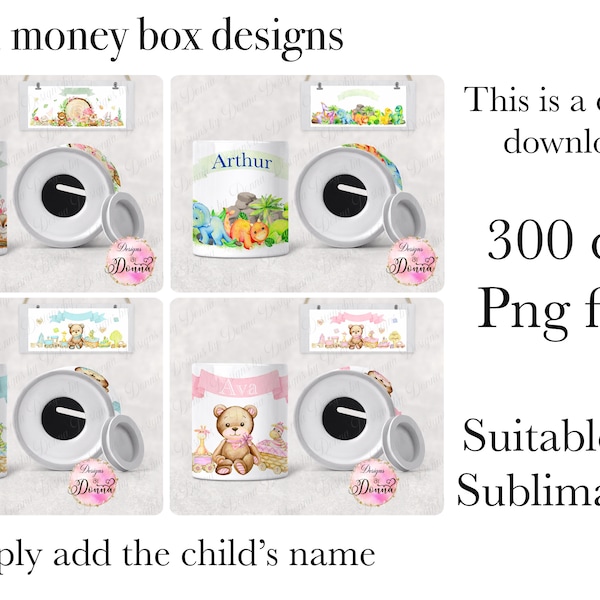 Children's Kids dinosaur, teddy bear and woodland animals 1st money box sublimation designs template digital download PNG files clipart