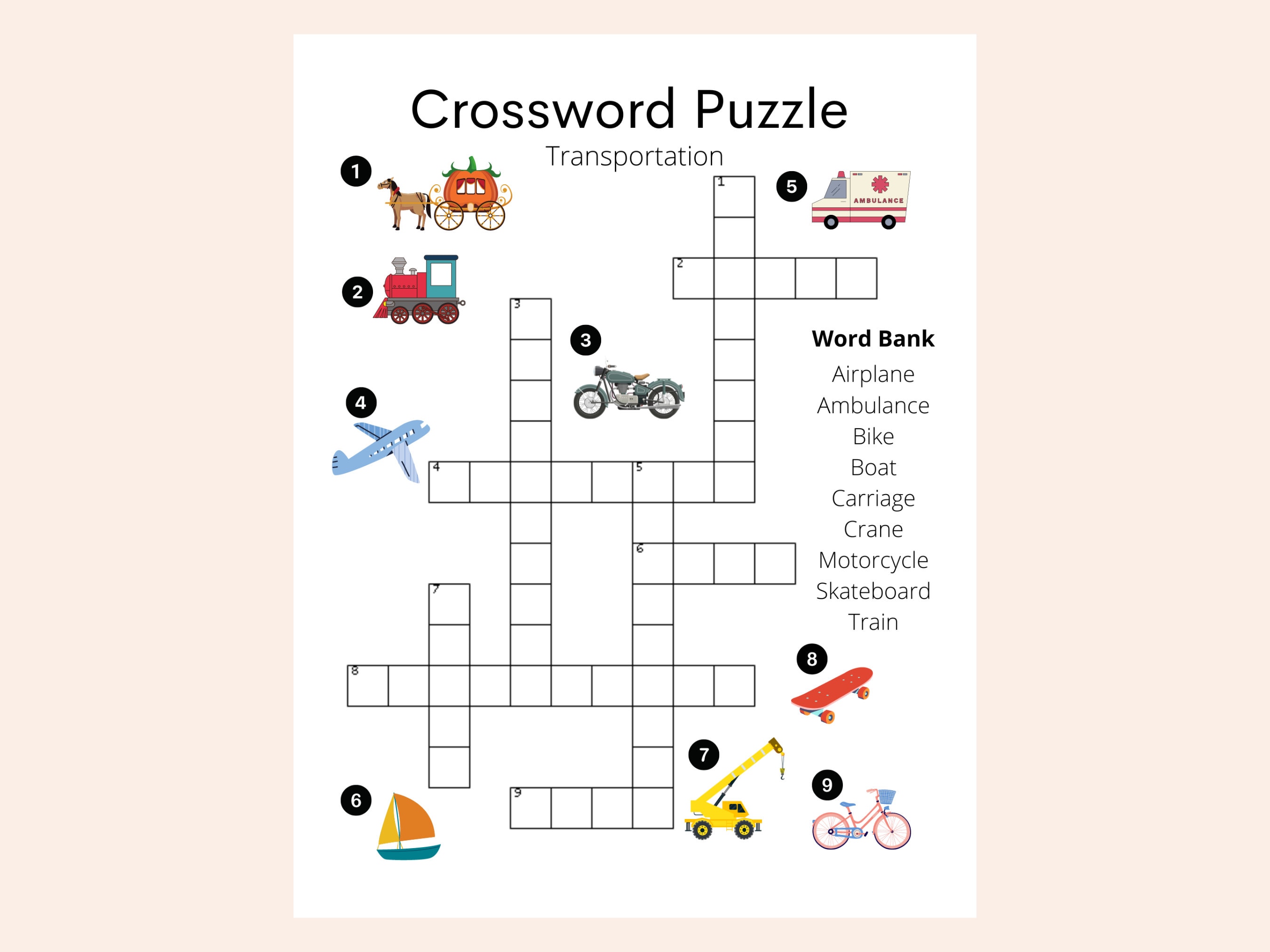 Picture Crossword Puzzle for Kids INSTANT DOWNLOAD School Word Games