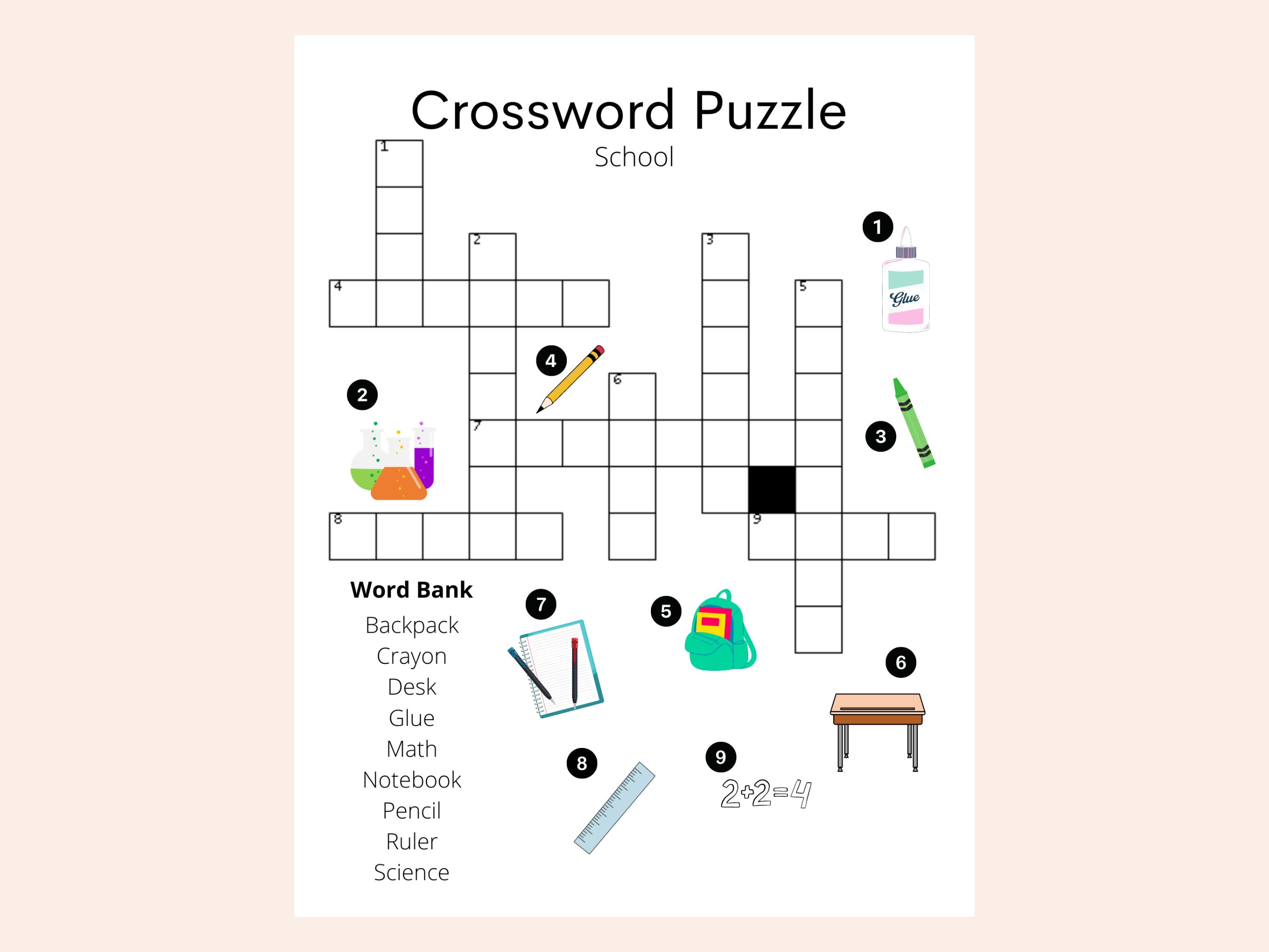Picture Crossword Puzzle for Kids INSTANT DOWNLOAD School Word Games Dementia Activities