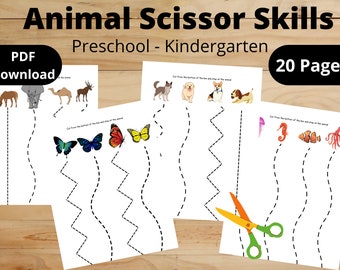 May include: A set of 20 printable preschool and kindergarten scissor skills worksheets featuring various animals, including butterflies, dogs, seahorses, and fish. The worksheets have dashed lines for children to cut along, helping them develop fine motor skills.