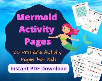 Pagine di attività sirena / Pagine di attività stampabili per bambini / Download digitale / Pagina da colorare/Labirinti/Trova le differenze/Ricerca di parole/I Spy