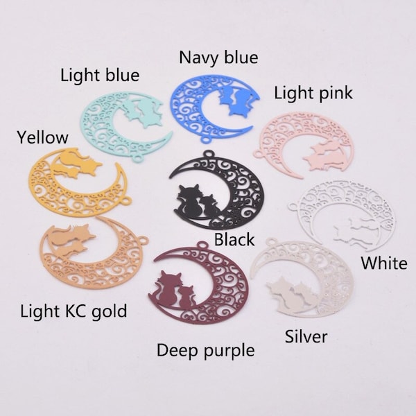 50 pcs brass cat and crescent moon charms for beautiful creations. Cat and Moon. Choose your favourite colour