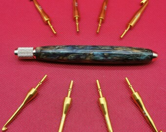 Ergonomic Crochet Hook Set: Hand Poured Alumilite Resin Handle, Interchangeable Gold /Multicoloured Hooks