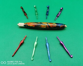 Ergonomic Crochet Hook Set: Hand Poured Alumilite Resin Handle, Interchangeable Gold/Multicoloured Hooks