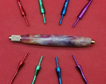 Ergonomic Crochet Hook Set: Hand Poured Alumilite Resin Handle, Interchangeable Gold /Multicoloured Hooks