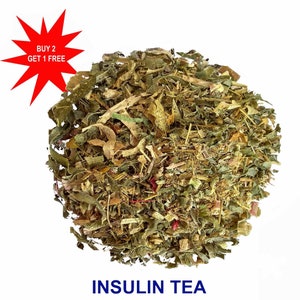 May include: A close-up of a pile of dried herbs and leaves, labelled "INSULIN TEA". The image includes a red starburst with the text "BUY 2 GET 1 FREE".