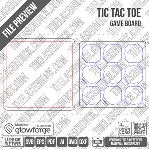 Pode incluir: Um design de tabuleiro de jogo de Tic Tac Toe imprim&iacute;vel. O tabuleiro &eacute; composto por nove quadrados com cantos arredondados. O design &eacute; adequado para corte a laser.