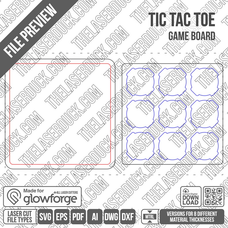 Pode incluir: Um design de tabuleiro de jogo de Tic Tac Toe imprim&iacute;vel. O tabuleiro &eacute; composto por nove quadrados com cantos arredondados. O design &eacute; adequado para corte a laser.