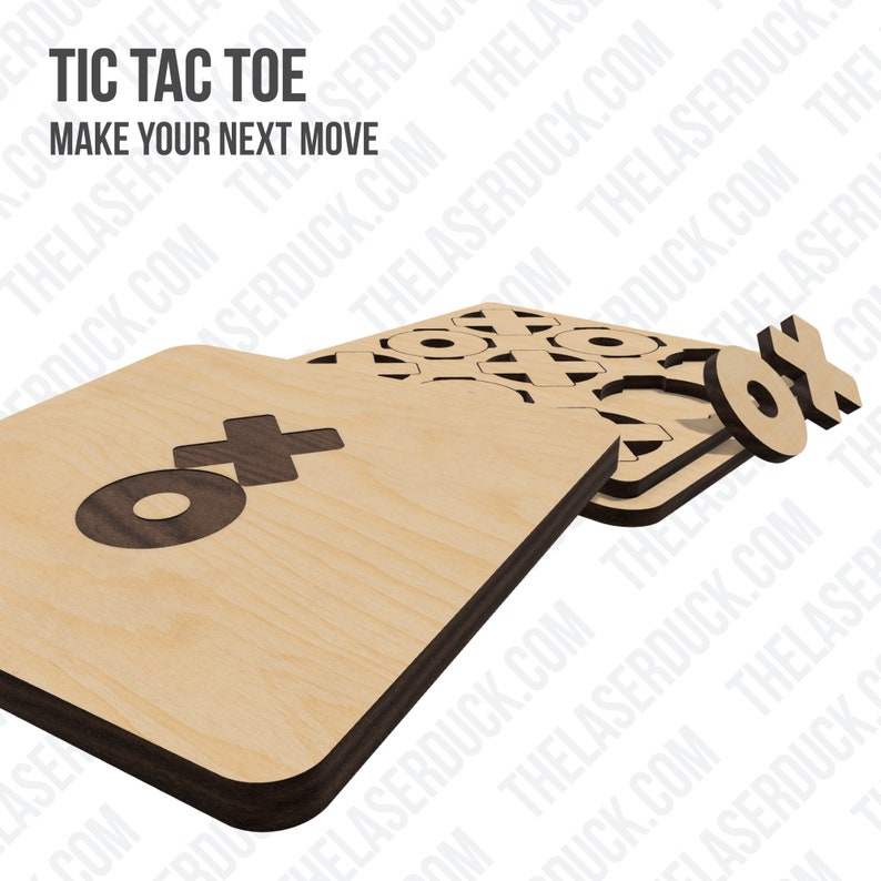 Pode incluir: Um jogo de jogo da velha de madeira com as palavras "Tic Tac Toe" e "Make Your Next Move" impressas na parte superior. O jogo &eacute; feito de v&aacute;rias camadas de madeira, com a camada superior mostrando um c&iacute;rculo e um X.
