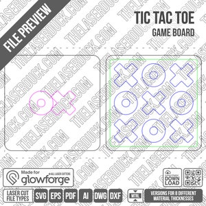 Pode incluir: Um tabuleiro de jogo Tic Tac Toe com um tabuleiro em branco &agrave; esquerda e um tabuleiro com c&iacute;rculos e cruzes &agrave; direita. O tabuleiro de jogo &eacute; feito para corte a laser e est&aacute; dispon&iacute;vel em v&aacute;rios tipos de arquivos, incluindo SVG, EPS, PDF, AI, DWG e DXF.