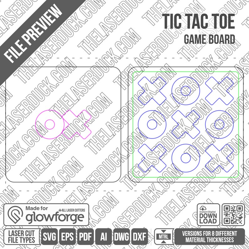 Pode incluir: Um tabuleiro de jogo Tic Tac Toe com um tabuleiro em branco &agrave; esquerda e um tabuleiro com c&iacute;rculos e cruzes &agrave; direita. O tabuleiro de jogo &eacute; feito para corte a laser e est&aacute; dispon&iacute;vel em v&aacute;rios tipos de arquivos, incluindo SVG, EPS, PDF, AI, DWG e DXF.