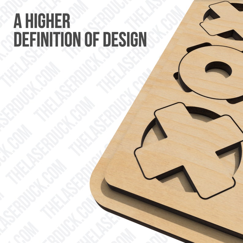 Pode incluir: Uma t&aacute;bua de madeira com um design recortado de um c&iacute;rculo, uma cruz e outro c&iacute;rculo. A t&aacute;bua &eacute; de cor castanho claro e os recortes s&atilde;o pretos. O texto "A HIGHER DEFINITION OF DESIGN" est&aacute; impresso na t&aacute;bua.