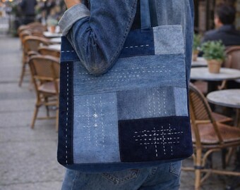 Sac en denim recyclé, cabas, sac fait main, sac souple, sac artisanal, cadeau femme, sac bandoulière, sac en jean