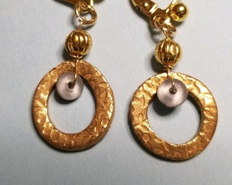 Hand sculpted Bronze one of a kind w/ taupe blush glass bead pierced earrings with lever back - Gifts for Her - Handmade