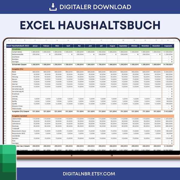 Excel Haushaltsbuch Vorlage für 2023 | Monatliches Tracking | Einnahmen-Ausgaben-Rechnung EAR | Finanzplan 2023 | Deutsch