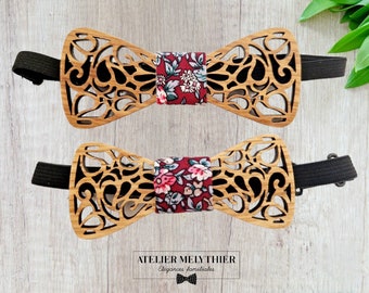 Wooden bow ties for adults and children, fabric centers in your choice of colors, Bernard Atelier Melythier Collection