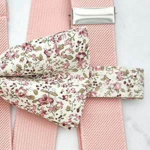 Father and son adult child set of Liberty floral bow ties and pink suspenders Collection Lucien Atelier Melythier Bretelles roses