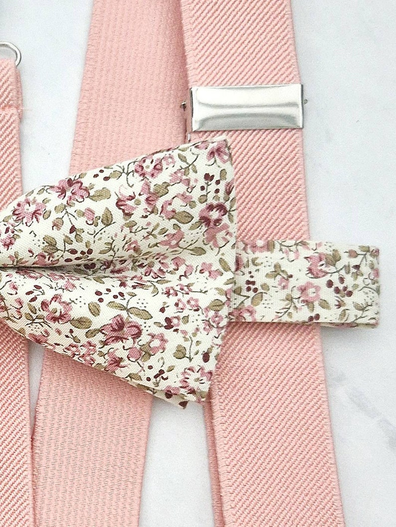 Father and son adult child set of Liberty floral bow ties and pink suspenders Collection Lucien Atelier Melythier Bretelles roses