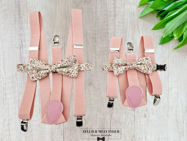 Father and son adult child set of Liberty floral bow ties and pink suspenders Collection Lucien Atelier Melythier image 2