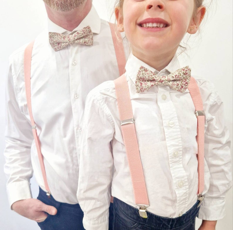 Father and son adult child set of Liberty floral bow ties and pink suspenders Collection Lucien Atelier Melythier image 1
