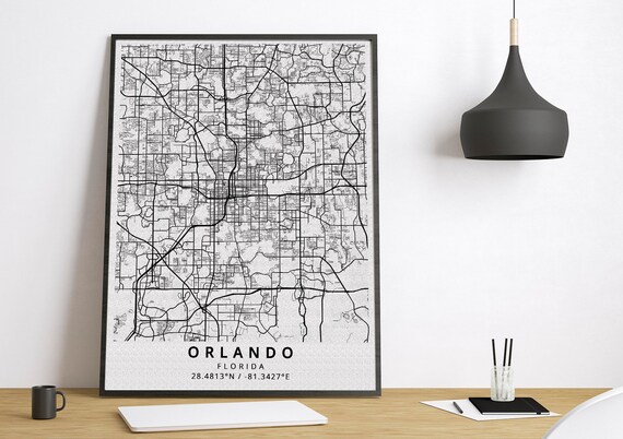 Orlando Florida black and white style map print wall art design home decor