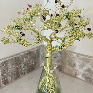 Lime Green Tree of Life with Butterflies, Purple Flowers, Gift for Her, Wire Tree in a Vase, Bonsai Tree, Mother&#39;s Day Gift, Mardi Gras Tree