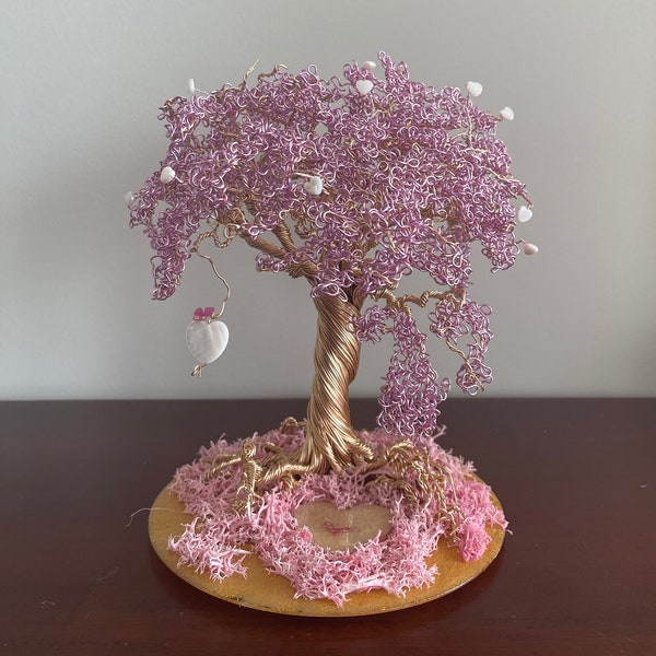 Tree of Life, Purple leaves, Pink Moss, Hearts, Butterfly, Memorial Gift, Orb Display, Miniature Urn, Pet Memorial,  Wire Art, Bonsai Tree