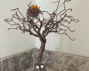 Wire Tree Sculpture with Love Birds, Mother of Pearl Hearts, in a Vase