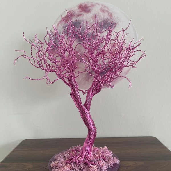 Pink Tree of Life, Full Moon, Wire Tree Sculpture, Wire Art, Centerpiece, Bonsai Tree, Unique Gift, Mother's Day Gift, Valentine's Day Gift