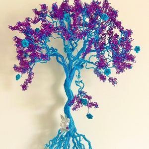 Turquoise and Purple Tree of Life with Fairy and Roses, A Heart-Shaped Natural Mother of Pearl Bead, Wire Bonsai Tree Sculpture Wall Hanging