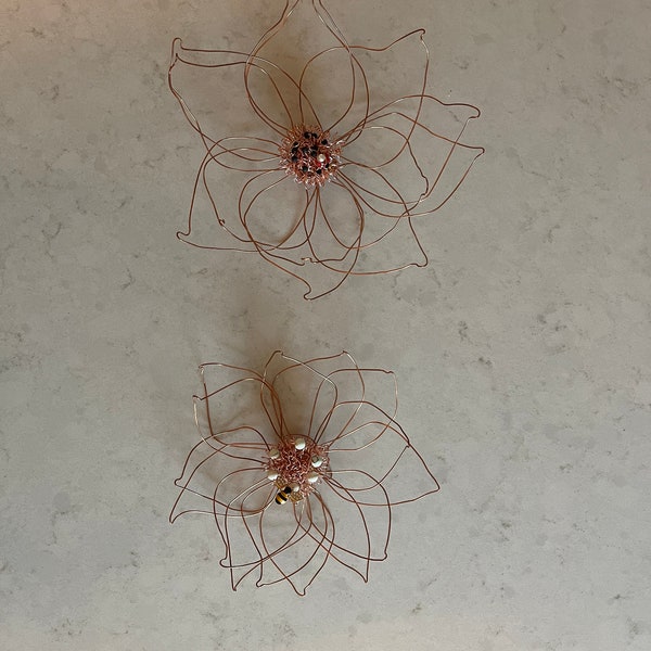 Sold Separately, Copper Wire Flower Wall Hanging, Ladybug and Lava Rock or Honey Bee and Natural Magnesite, Flowers, Gift for Her, Wire Art