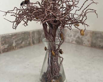Wire Tree Sculpture with Tiger's Eye Stones, Climbing Adventurer