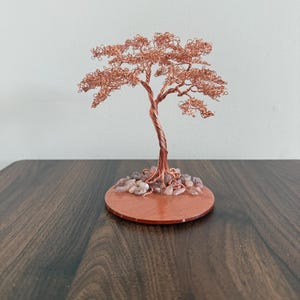 Può includere: Una scultura ad albero in filo di rame con un tronco attorcigliato e una chioma piena e strutturata. L'albero poggia su una base rotonda marrone-rossastra circondata da piccole pietre di colore chiaro. La scultura è esposta su una superficie di legno scuro.