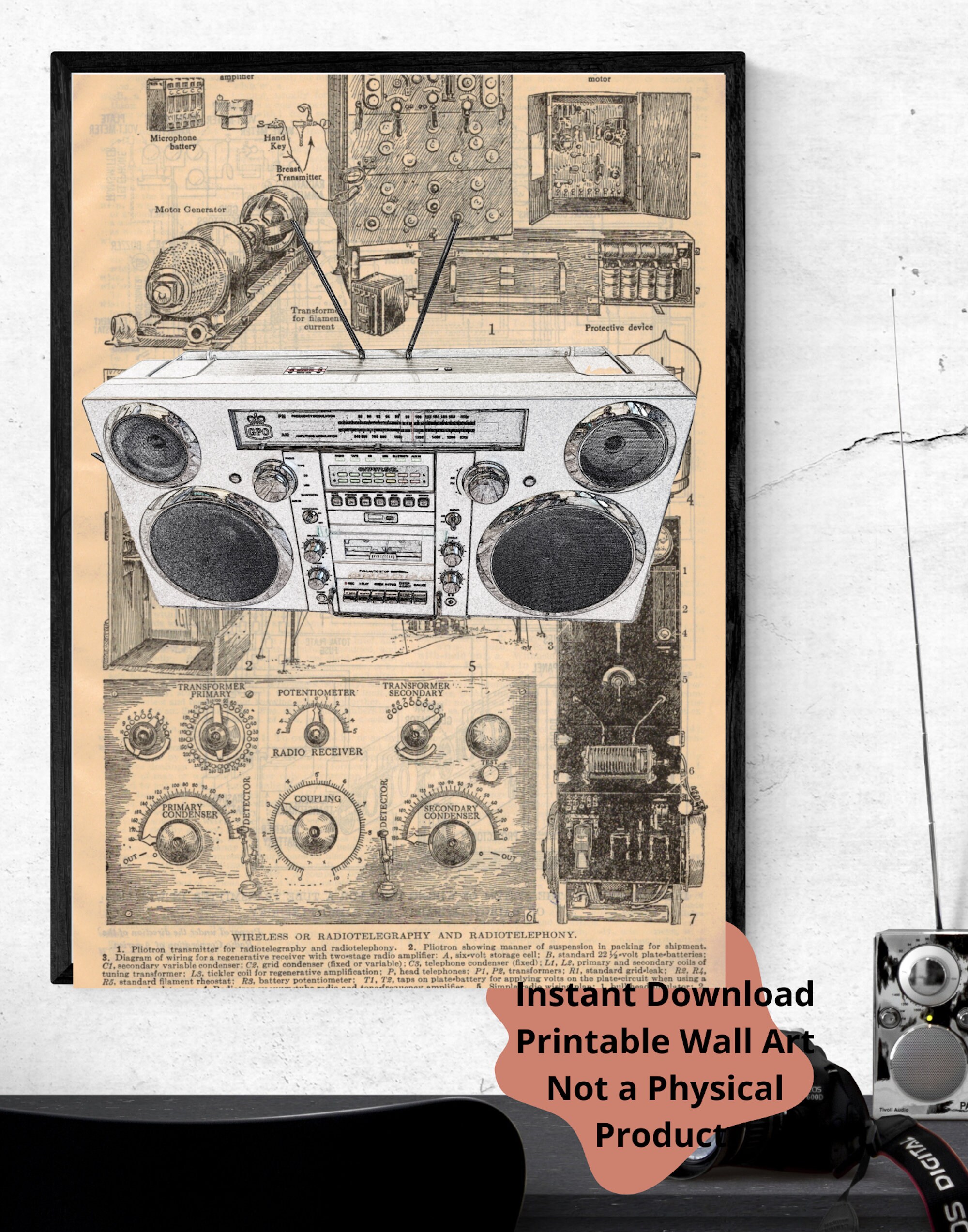 Vintage Boombox on Dictionary Print, Printable Wall Art, Instant
