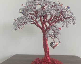 Patriotic Wire Tree of Life with Stars, Handmade Bonsai Sculpture